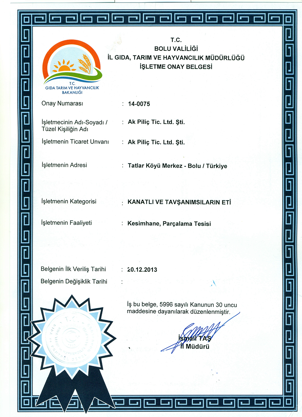 İşletme Onay Belgesi
